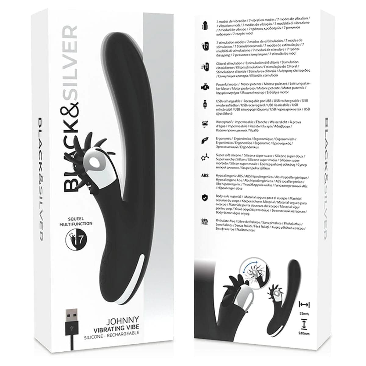 Black&Silver Johnny Vibração e Rotação, 24cm Ø3.5cm, 7vibrações, 7rotações - Pérola SexShop