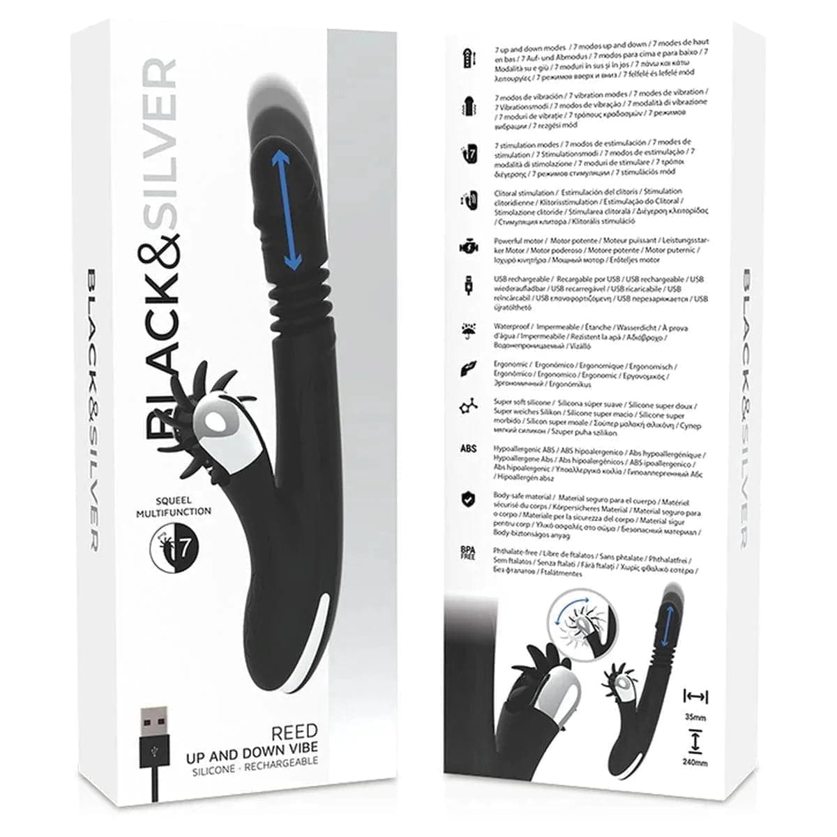 Black&Silver Reed Vibração e Rotação, 25cm Ø3.5cm, 7vibrações, 7cima/baixo - Pérola SexShop