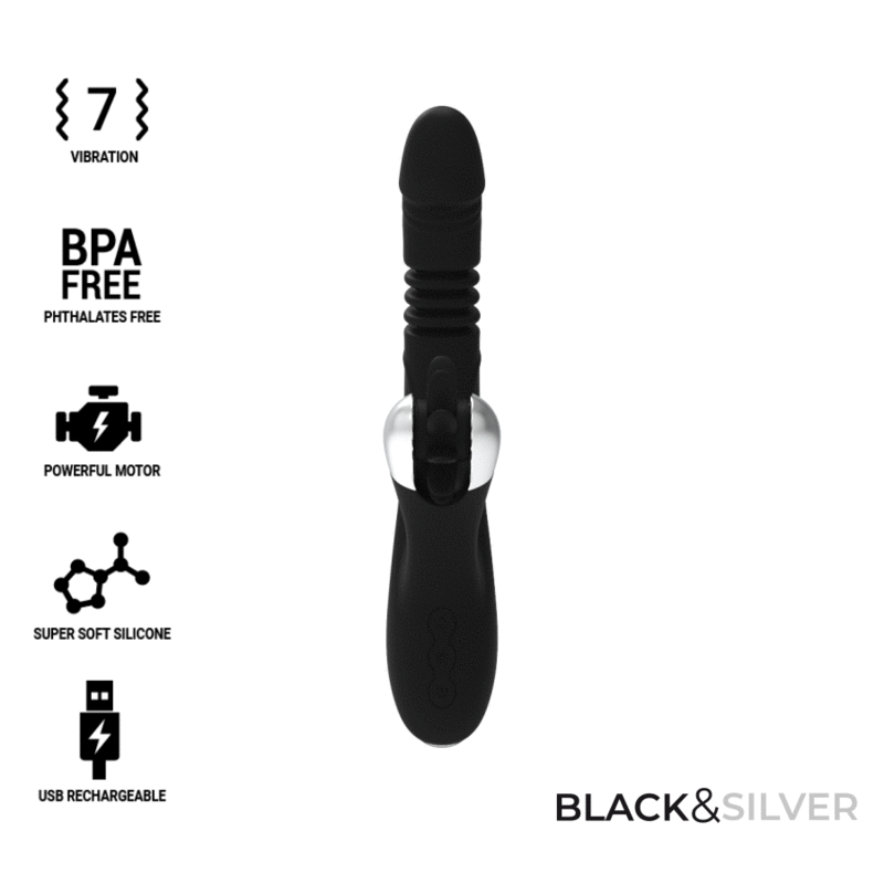 Black&Silver Reed Vibração e Rotação, 25cm Ø3.5cm, 7vibrações, 7cima/baixo - Pérola SexShop