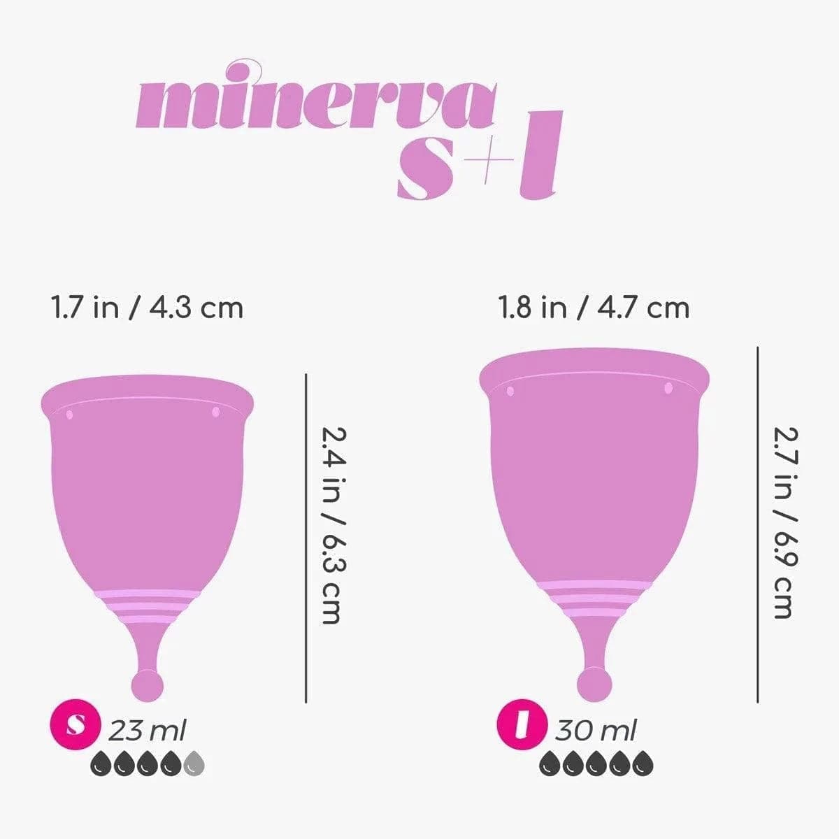 Copo Menstrual Minerva S + L 100% Silicone, 2un 23-30ml, 6.9cm Ø4.7cm