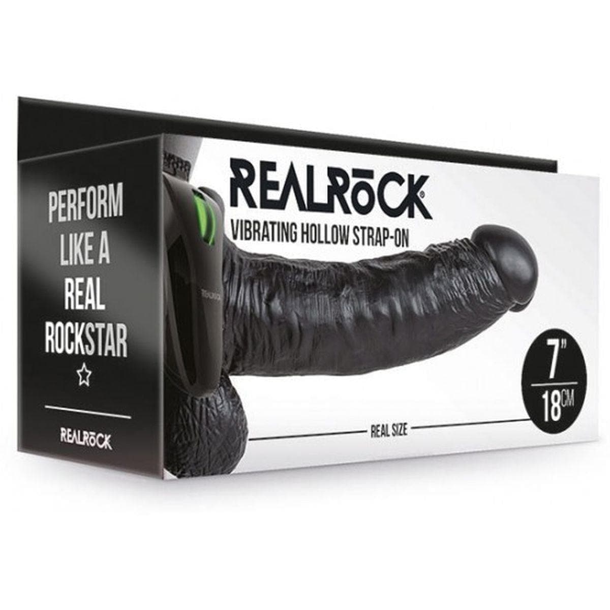 Strap-on Oco RealRock com Testiculos e Vibração, Preto 18cm Ø4cm - Pérola SexShop