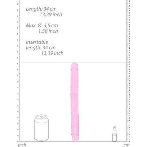 Dildo Duplo Realista RealRock Rosa 34cm em close, evidenciando sua superfície cristalina e detalhes refinados.