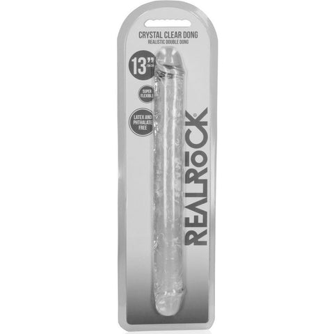 Imagem do Dildo Duplo Realista RealRock Transparente, com design sofisticado e textura suave, perfeito para explorar o prazer.