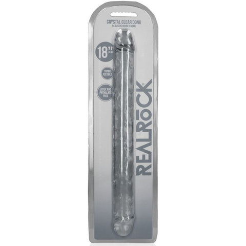 Dildo Duplo Realista RealRock Transparente 45cm mostrando a sua textura suave e irresistível, ideal para experiências sensoriais intensas.