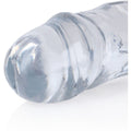 Dildo Duplo Realista RealRock Transparente 45cm exibindo suas medidas e forma, perfeito para penetração anal e vaginal.