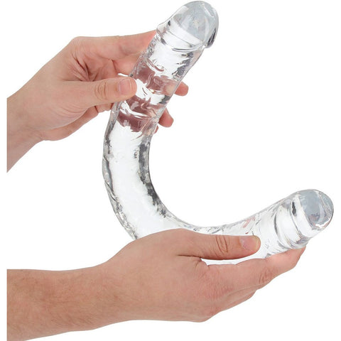 Dildo Duplo Realista RealRock Transparente 45cm em uma composição que reflete sua versatilidade e potencial para diversos tipos de prazer.
