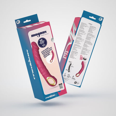 Vibrador Realistico Magnus Rosa ao lado de lubrificantes Crushious, a combinação perfeita para prazer.