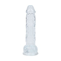 Dildo RealRock Transparente Realista com Testículos - close no tamanho de 14,7 cm e diâmetro de 2,7 cm, ideal para aventuras íntimas.