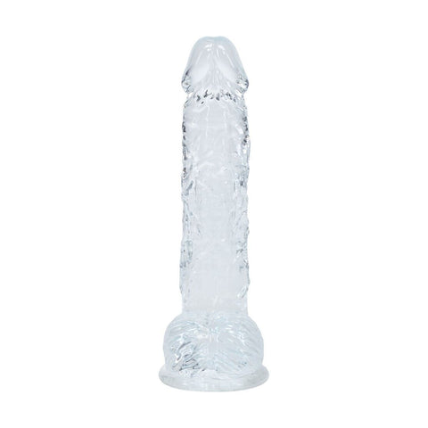 Dildo RealRock Transparente Realista com Testículos - close no tamanho de 14,7 cm e diâmetro de 2,7 cm, ideal para aventuras íntimas.