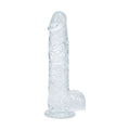 Dildo RealRock Transparente Realista com Testículos - apresentação do produto em ambiente íntimo, ampliando a coleção de brinquedos sexuais.