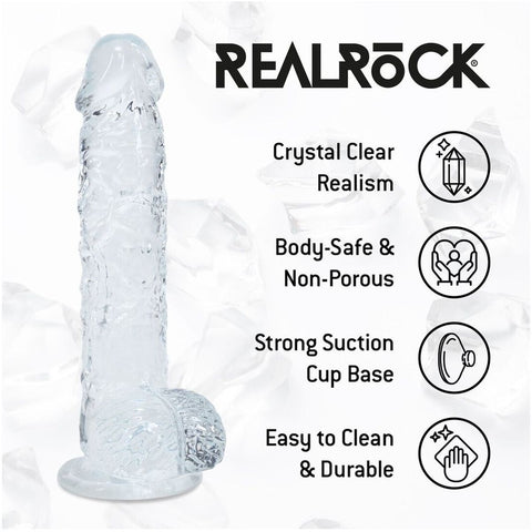 Dildo RealRock Transparente Realista com Testículos - foto da ventosa que permite fixação em superfícies lisas para uso versátil.