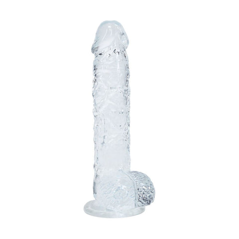 Dildo RealRock Transparente Realista com Testículos - visualização do material seguro para o corpo e fácil de limpar.