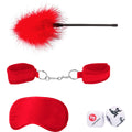 Kit bondage Ouch! Introdução Bondage #2 Vermelho com 4 peças - Algemas ajustáveis, venda acetinada, espanador e dados, ideal para jogos de dominação e submissão.
