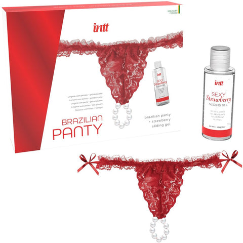 Cuecas Brasileiras Vermelho com Pérolas e Gel Lubrificante 50ml Tamanho único, lingerie sensual com detalhes em pérolas e gel deslizante aromatizado a morango, perfeita para apimentar os momentos íntimos.