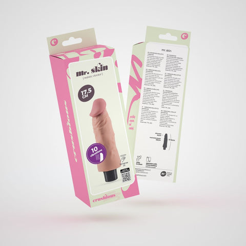 O Vibrador Super Realistico SkinSense Mr.Skin limpo e armazenado em uma bolsa de tecido para proteção.