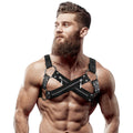 Arnês de Peito de Couro BULLDOG Cruzado Fetish Harness em couro vegano, perfeito para destacar a figura masculina e aumentar a confiança na pista de dança.