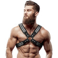 Arnês de Peito de Couro Cruzado com Rebites Fetish Harness, ideal para realçar sua figura masculina e aumentar sua confiança na pista de dança.