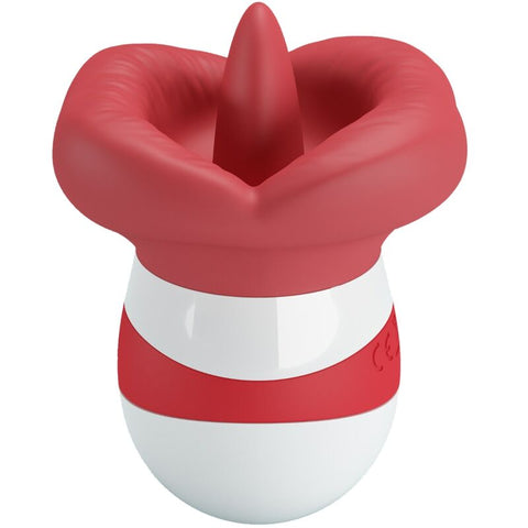 Detalhe do Estimulador de Lingua Vermelho com 9.5cm Recarregável destaca os 10 modos de movimento únicos, uma experiência essencial para os amantes do Estimulador de Língua.