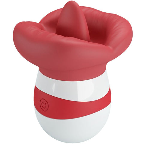 Estimulador de Lingua Vermelho com 9.5cm Recarregável, mostrado em uso, permite explorar sensações realistas com sua boca grande e língua macia.