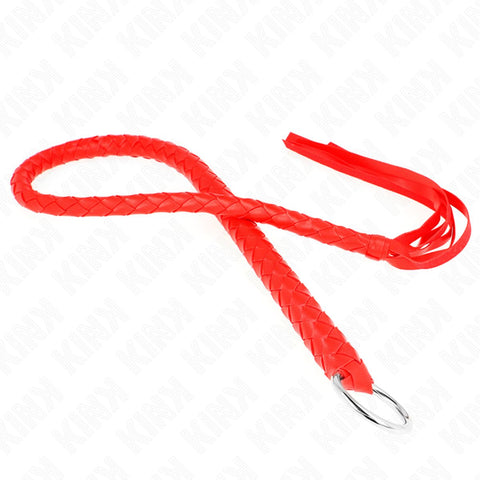 Chicote de Serpente Vermelho KINK 65cm destacado em um fundo elegante, ideal para apimentar suas sessões de BDSM com estilo.