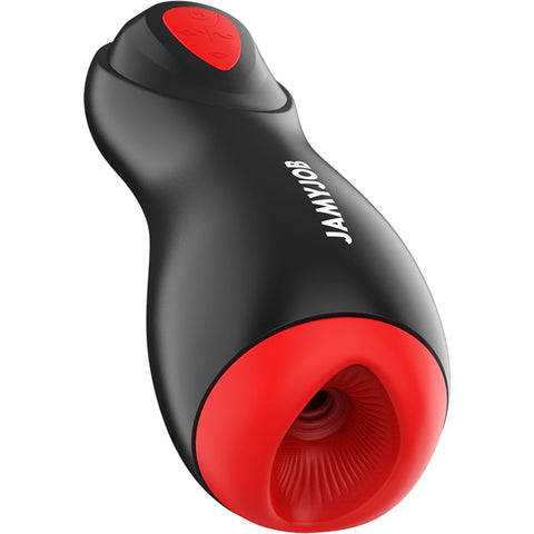 Masturbador Automático CORE-X JamyJob – vista do design preto e vermelho em formato de boca com sucção e vibração automática