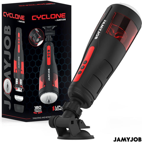 Masturbador Automático CYCLONE JamyJob com design elegante em preto e vermelho.
