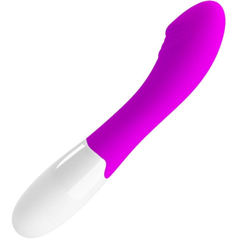 Detalhe do Vibrador Elemental Roxo com corpo de silicone suave, destacando suas 30 funções de vibração.
