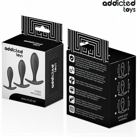 Dimensões do Kit Anal 3 Plugs, incluindo variação de tamanhos de  Ø2.1cm a Ø2.9cm, adequados para todos os níveis.