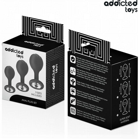 Montagem dos plugs do Kit Anal 3 Plugs com Jóia, enfatizando o material silicone médico e a suavidade do toque para uso prolongado.