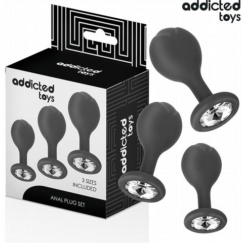 Imagem do Kit Anal 3 Plugs com Jóia da Addicted Toys, destacando a variedade de tamanhos para exploração progressiva das sensações.