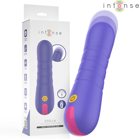 Close-up do Vibrador Intense STELLA, ressaltando sua ergonomia e toque suave feito de silicone, perfeito para prazer pessoal.