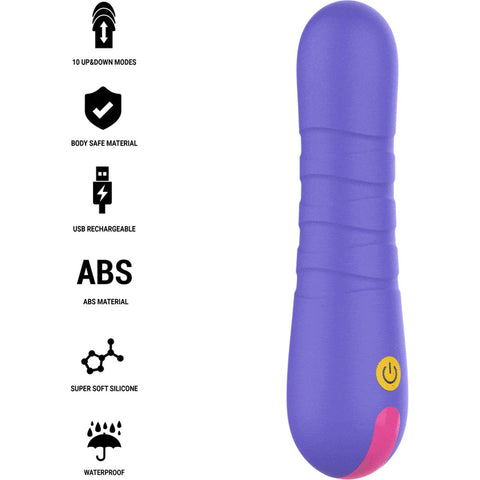 Vibrador Intense STELLA em destaque, mostrando seu elegante design e movimento sobe e desce, ideal para experiências íntimas intensas.