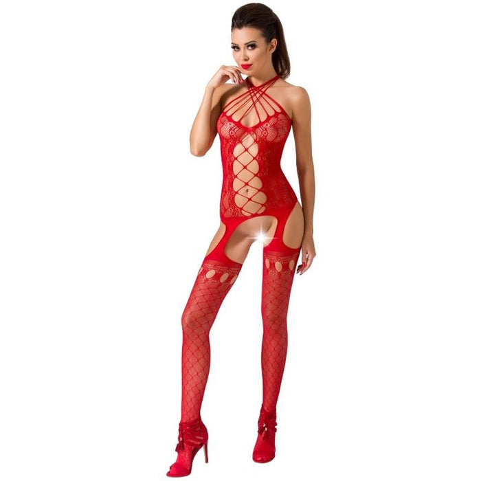 BodyStock Passion BS056 Vermelho, body arrastão sexy em vermelho, design com abertura na virilha, tamanho único da marca Passion.