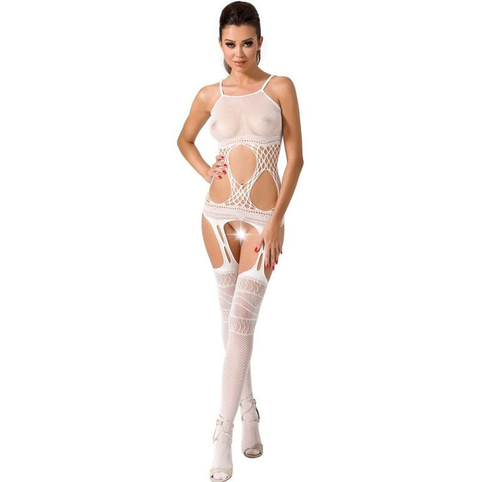 BodyStock Passion BS047 Branco - Um body sexy de design inovador com abertura na virilha e bordados delicados, perfeito para uma noite especial.