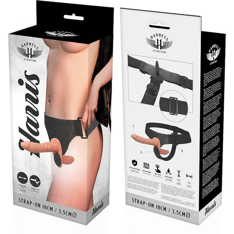 Design ergonómico do Strap-On Attraction Harris, mostrando os detalhes do vibrador maior e pequeno para experiências únicas de prazer.
