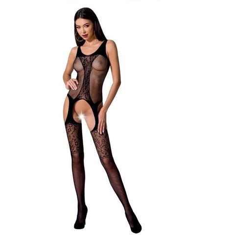 BodyStock Passion BS072 Preto - Body arrastão sensual com abertura entrepernas, em rendas e transparências irresistíveis, tamanho único.