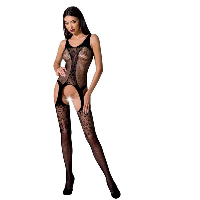 BodyStock Passion BS072 Preto - Body arrastão sensual com abertura entrepernas, em rendas e transparências irresistíveis, tamanho único.