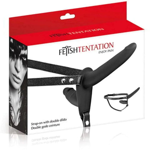 Double Strap-On silicone Preto, 15.5cm Ø3cm e 9cm Ø3cm  Fetish Tentation   